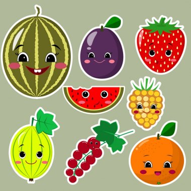 Meyve etiket Collection.Collection beyaz bir darbede düz stil içinde meyve gelen etiketleri.