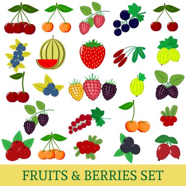 Taze meyve ve çilek illüstrasyonlar beyaz zemin üzerinde bir dizi.