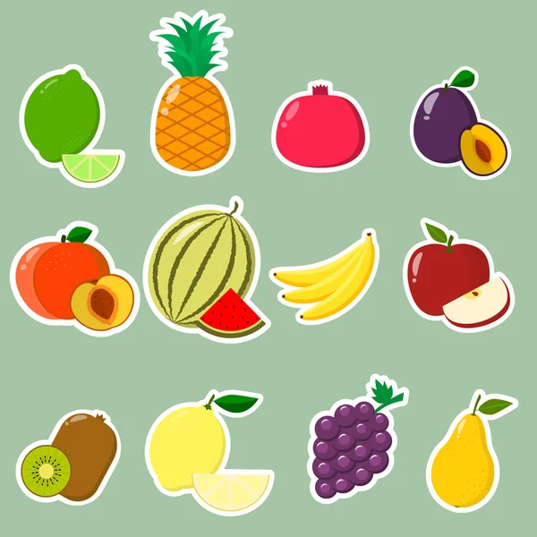 Colección de pegatinas de frutas. Una colección de etiquetas de fruta con un trazo blanco en un estilo plano . — Vector de stock