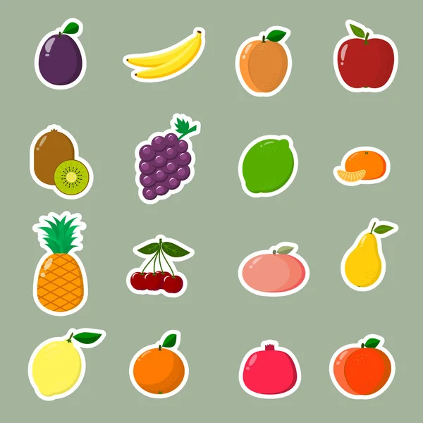 Sběr ovoce samolepky. Kolekce ovocných popisky s bílým tahem ve stylu ploché. — Stockový vektor