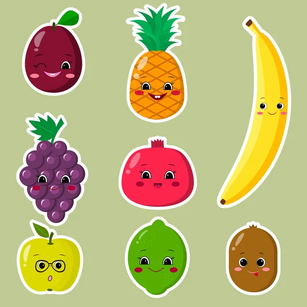 Fruit Sticker Collection.Collection of stickers from fruits in a white stroke, in a flat style. — Stock Vector