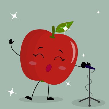 Sevimli Kırmızı elma gülen bir karikatür tarzı mikrofona doğru söylüyor.