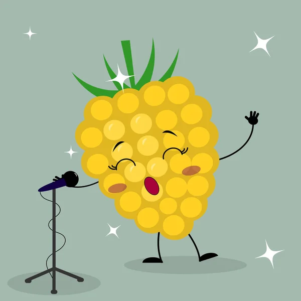 Carino lamponi gialli smiley in stile cartone animato canta nel microfono . — Vettoriale Stock