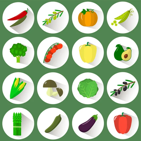 Um conjunto de ícones de vegetais diferentes em um círculo branco com uma sombra em um fundo verde . — Vetor de Stock