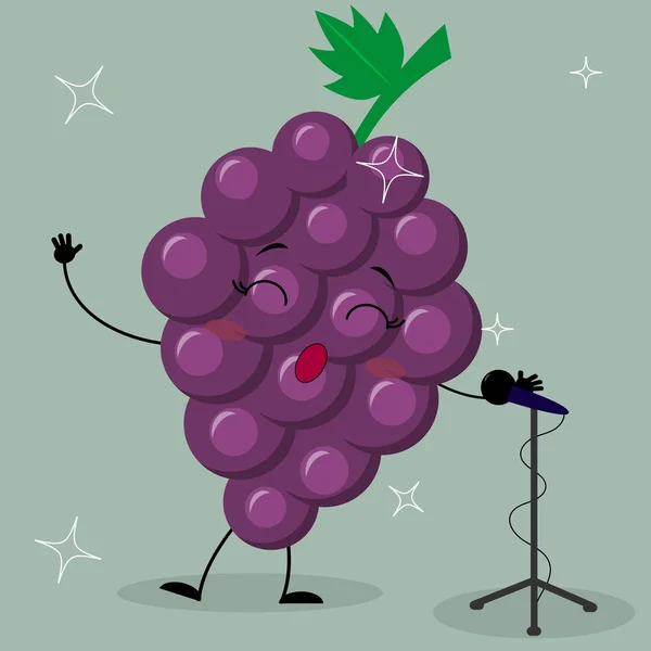 Cute purple grapes smiley in a cartoon style sings into the microphone. — Stock Vector