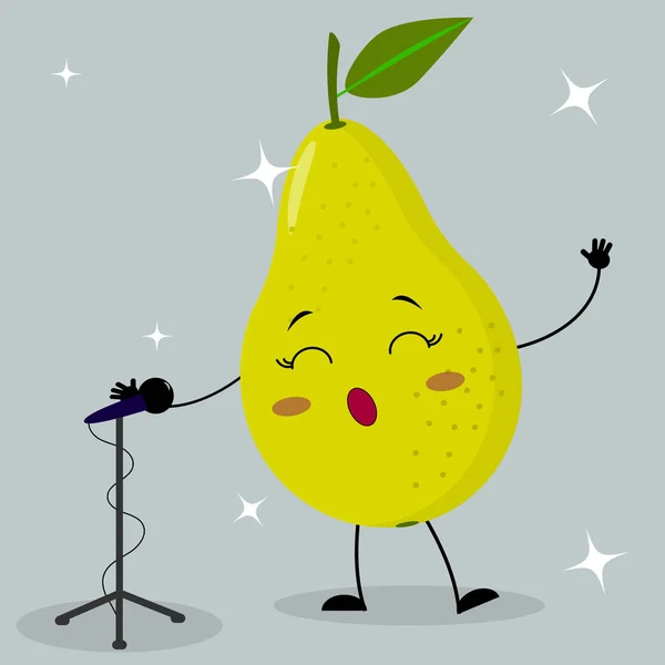 Cute green pear smiley in a cartoon style sings into the microphone. — Stock Vector