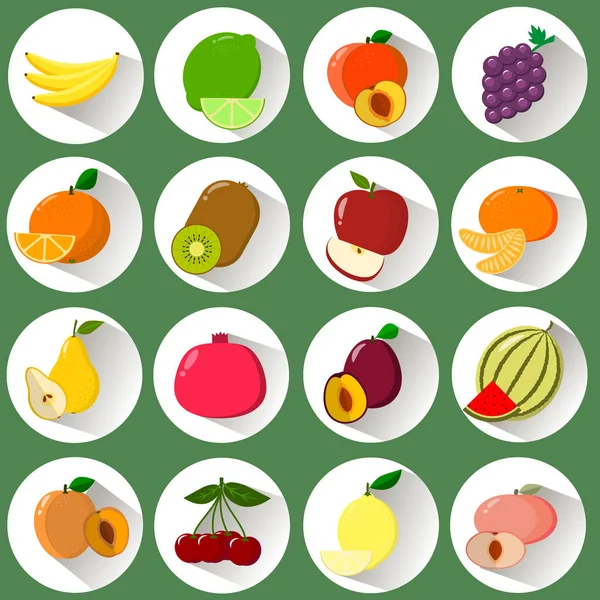 Ένα σύνολο από εικονίδια των διαφόρων φρούτων σε ένα λευκό κύκλο με μια σκιά σε πράσινο φόντο. — Διανυσματικό Αρχείο