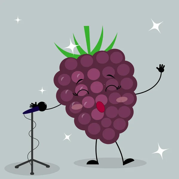 Buźka Ładna blackberry w stylu kreskówki śpiewa do mikrofonu. — Wektor stockowy