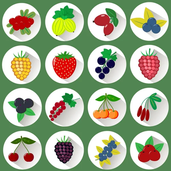 Sada ikon z různých druhů ovoce, bobule v bílém kruhu se stínem na zeleném pozadí. — Stockový vektor