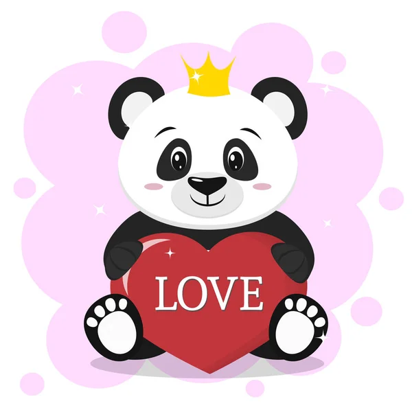 Panda in the crown sits and holds in the paws a red heart with the inscription love, in the style of cartoons. — Stock Vector