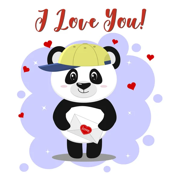 Il panda con il berretto da baseball sta in piedi e tiene una lettera con un cuore nelle zampe, nello stile dei cartoni animati . — Vettoriale Stock