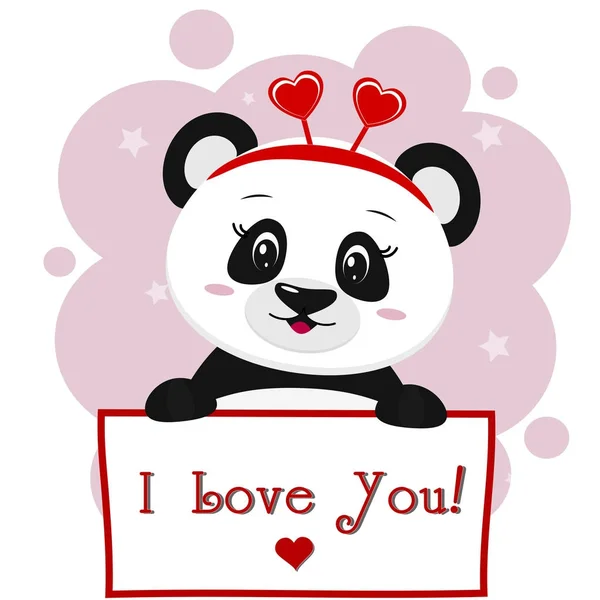 Panda met een rode rand van harten houden een plaat in de poten, in de stijl van cartoons. — Stockvector