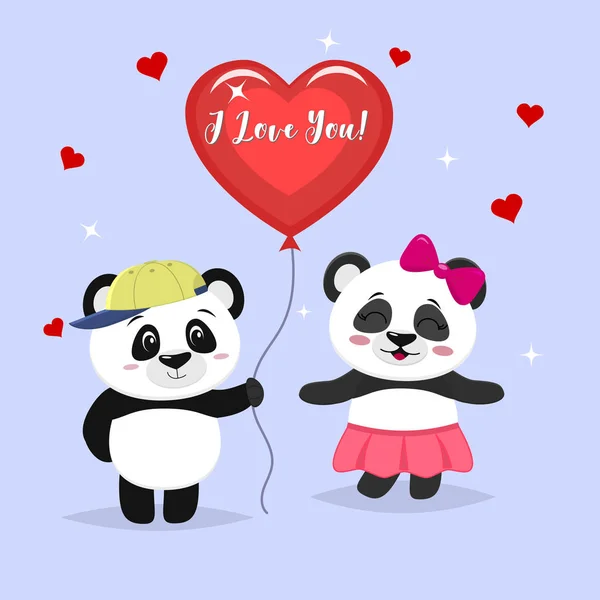 Twee schattige Panda's de stand, de jongen houdt een rode bal, meisje panda in een roze rokje en met een boog, in cartoon stijl. — Stockvector