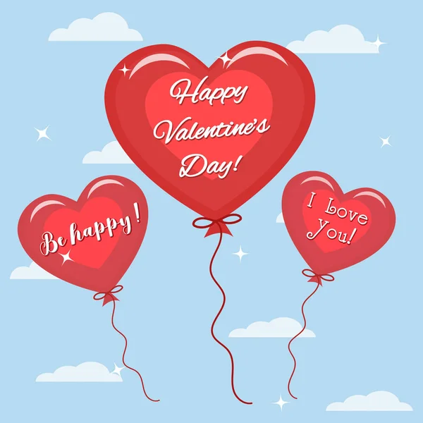 Three red balloon with the text of congratulations on Valentine's Day in the sky. — Stock Vector