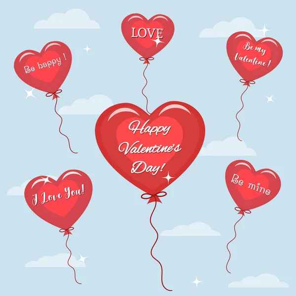 Шість червоні кулі з текстом поздоровлення на день Святого Валентина в небі. — стоковий вектор
