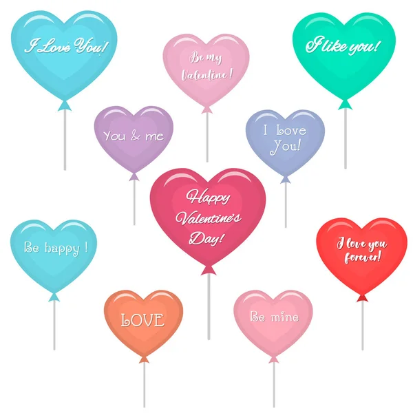 Set of multi-colored balloons in the shape of a heart with a text about love. — Stock Vector