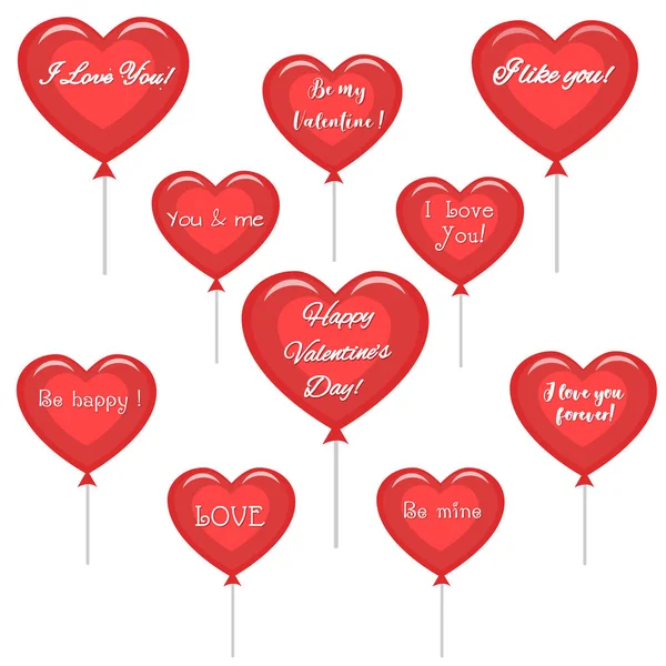 Conjunto de lindos corazones rojos de globos con diferentes felicitaciones en el Día de San Valentín  . — Vector de stock