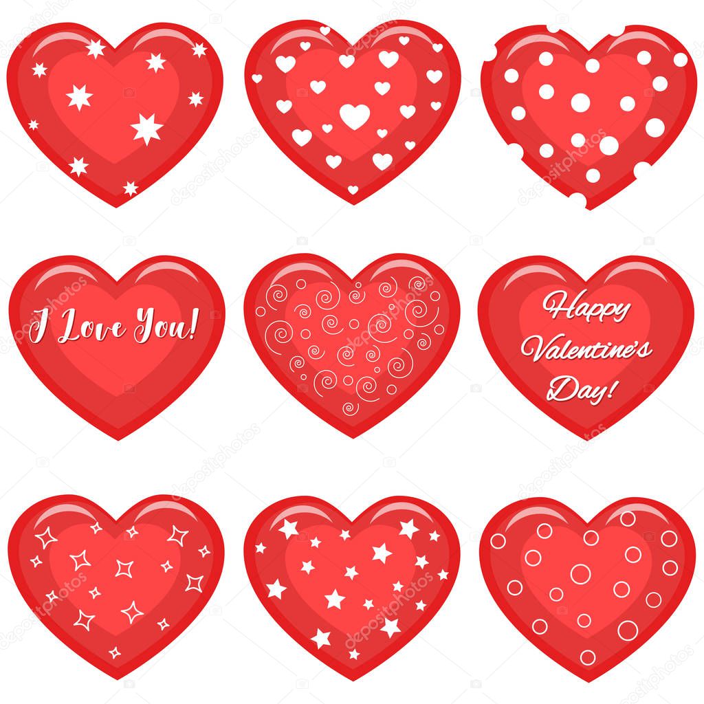 Set of cute red hearts with text and different patterns.