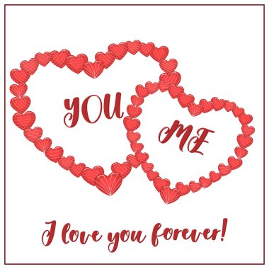 İki kırmızı kalp şeklinde bir kalp tebrik kartı ile Sevgililer günü toplanan şeritler bileşimi.