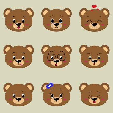 Sevimli ayı yüz farklı duygular karikatür tarzı dizi.