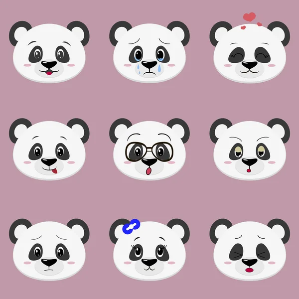 Aranyos panda medve arc különböző érzelmek rajzfilm stílusú csoportja. — Stock Vector