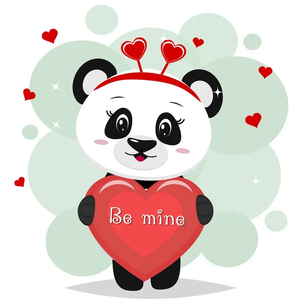 Zoete panda in een rode strik is de moeite waard en houdt in de klauwen van een rood hart met een inscriptie, in de stijl van cartoons. — Stockvector