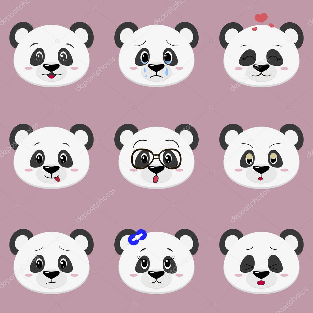 Set of cute panda bear face different emotions in cartoon style.