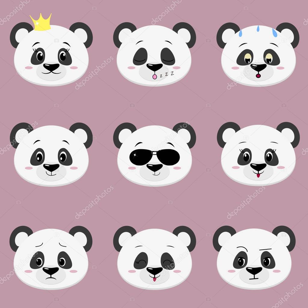 Set of cute panda bear face different emotions in cartoon style.