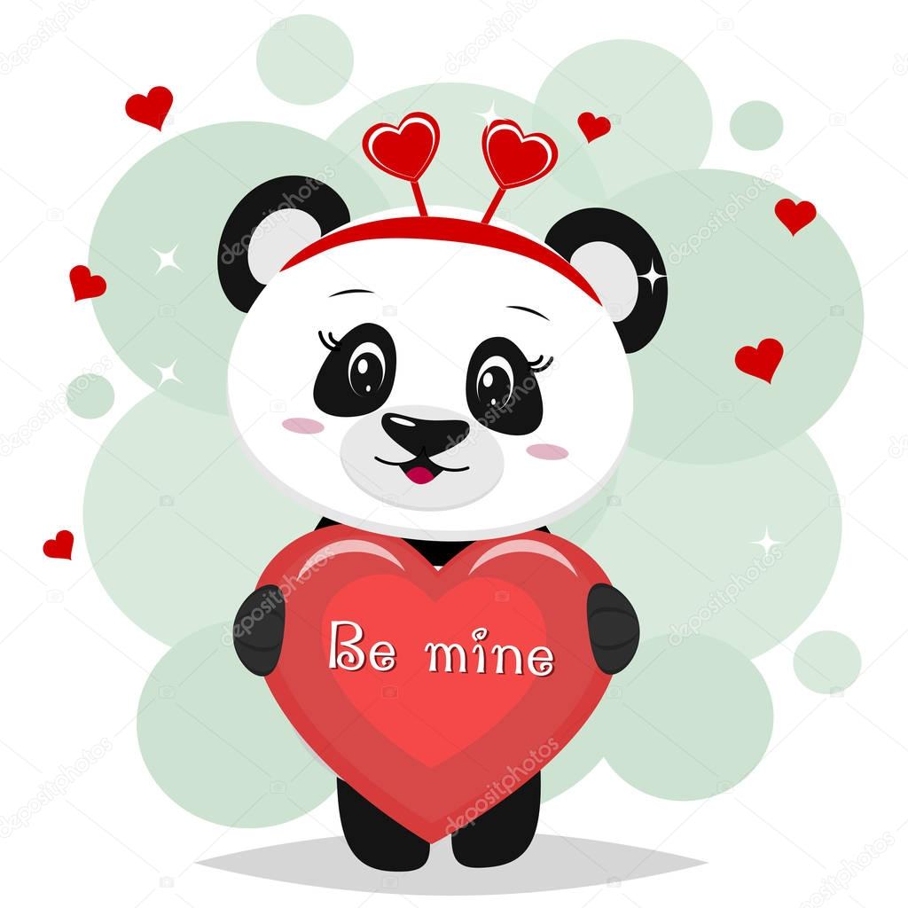 Sweet panda in a red bow is worth and keeps in the clutches of a red heart with an inscription, in the style of cartoons.