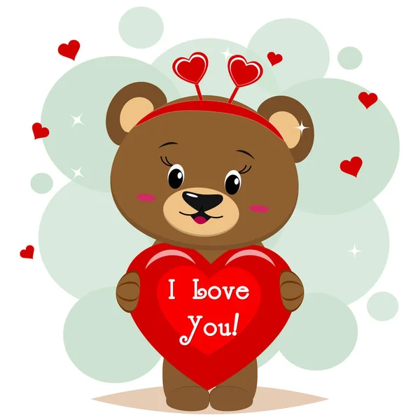 Dolce orso marrone in un arco rosso vale la pena e mantiene nelle grinfie di un cuore rosso con un'iscrizione, nello stile di cartoni animati . — Vettoriale Stock