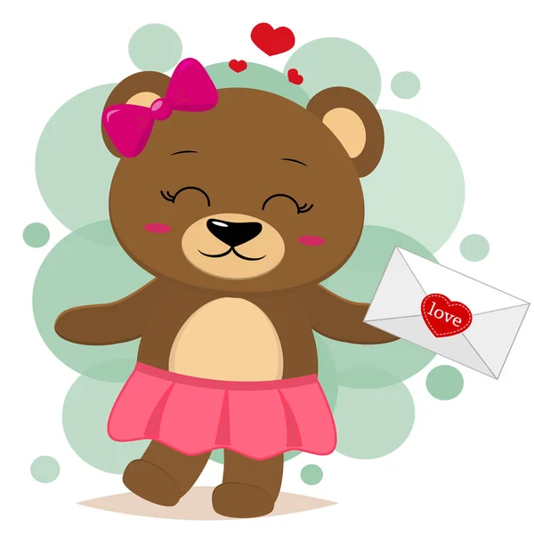 Bruine beer in een rok en met een roze strik houdt een brief in de poten, in de stijl van cartoons. — Stockvector