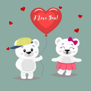 İki sevimli kutup ayısı standı, çocuk bir kırmızı top, kız panda pembe bir etek ve karikatür tarzı bir yay ile düzenliyor.