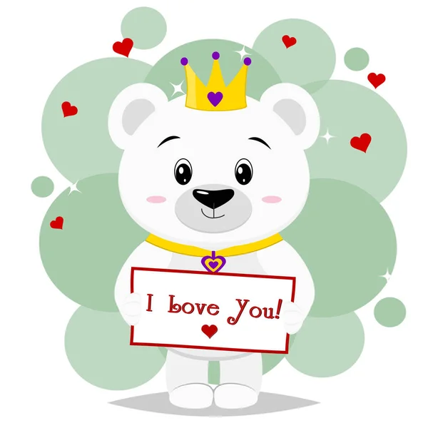 Orso polare nella corona tiene una tavoletta con il testo ti amo nello stile dei cartoni animati . — Vettoriale Stock