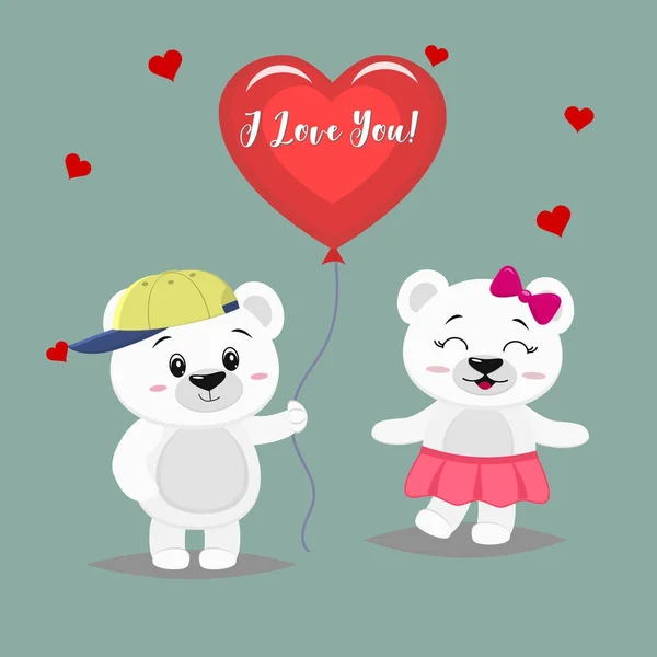 Two cute polar bear stand, the boy is holding a red ball, girl panda in a pink skirt and with a bow, in cartoon style. — Stock Vector