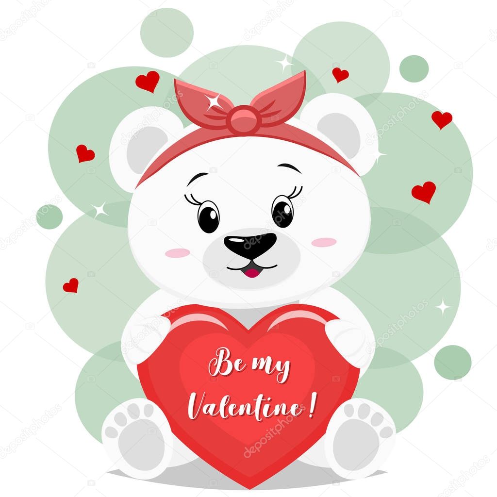 A sweet polar bearin a red bow sits and holds in its paws a red heart with an inscription, in the style of cartoons.