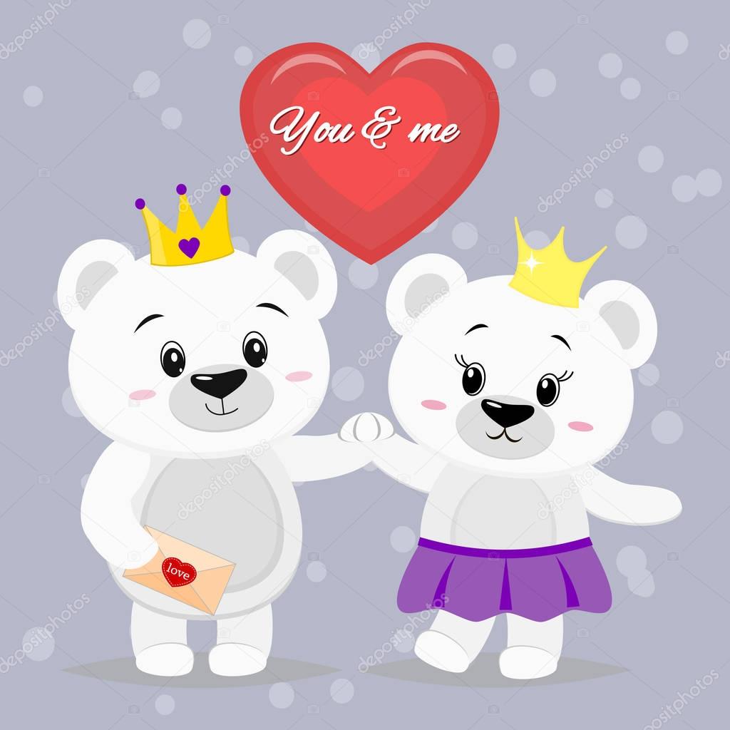 Two beautiful polar bear with crowns on their heads stand with their hands, a red heart in a cartoon style.