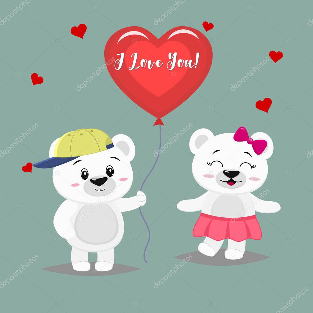 Two cute polar bear stand, the boy is holding a red ball, girl panda in a pink skirt and with a bow, in cartoon style.