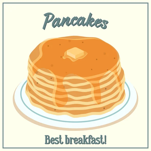 Ilustración vectorial de una pila de panqueques. Hornear con miel y mantequilla en un plato. Concepto de desayuno . — Vector de stock