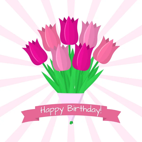 Bouquet of seven pink tulips against a background of rays. Pink ribbon with a birthday. — Stock Vector