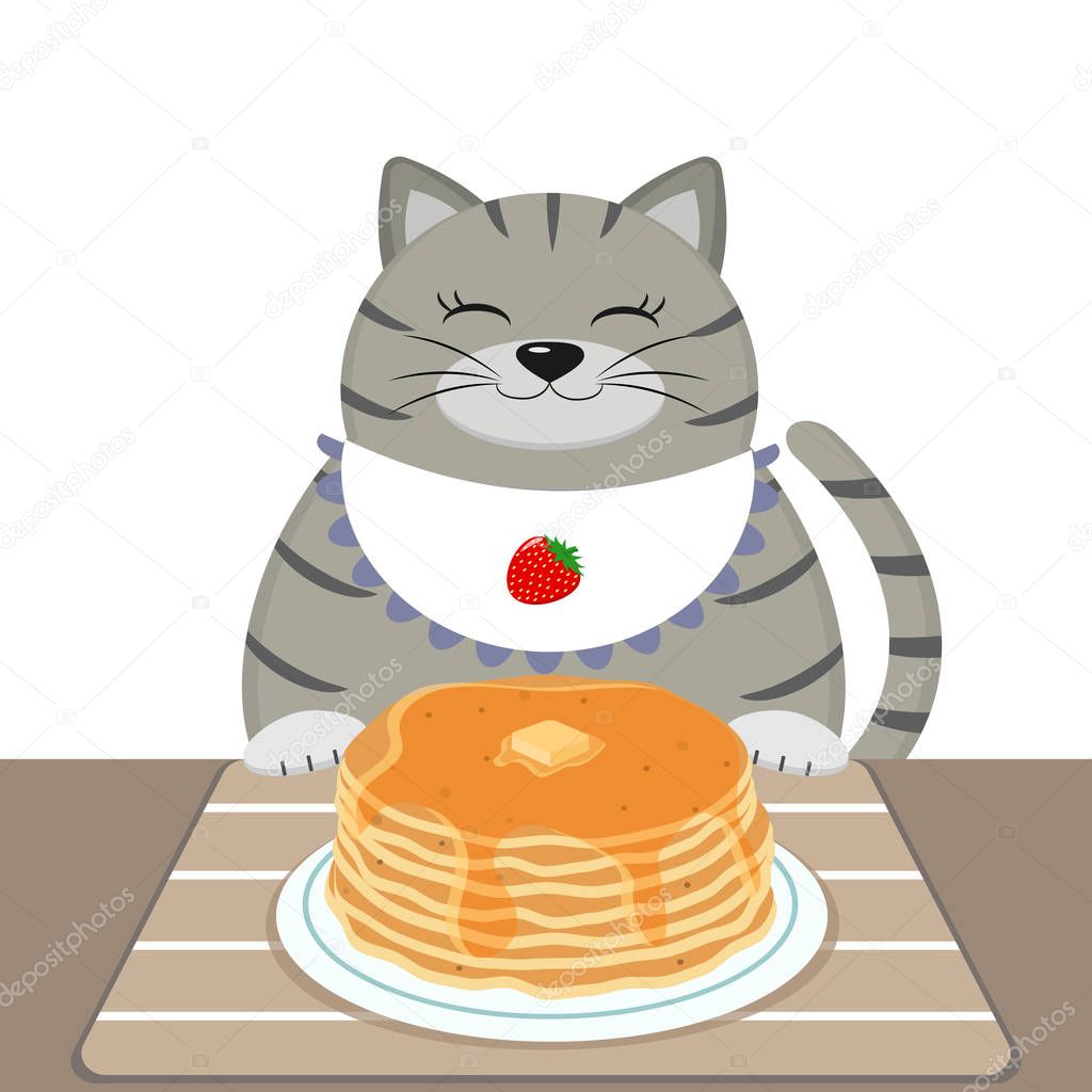 A gray fat cat in a bib also sits at a table and eats pancakes. Cartoon flat style. Vector.