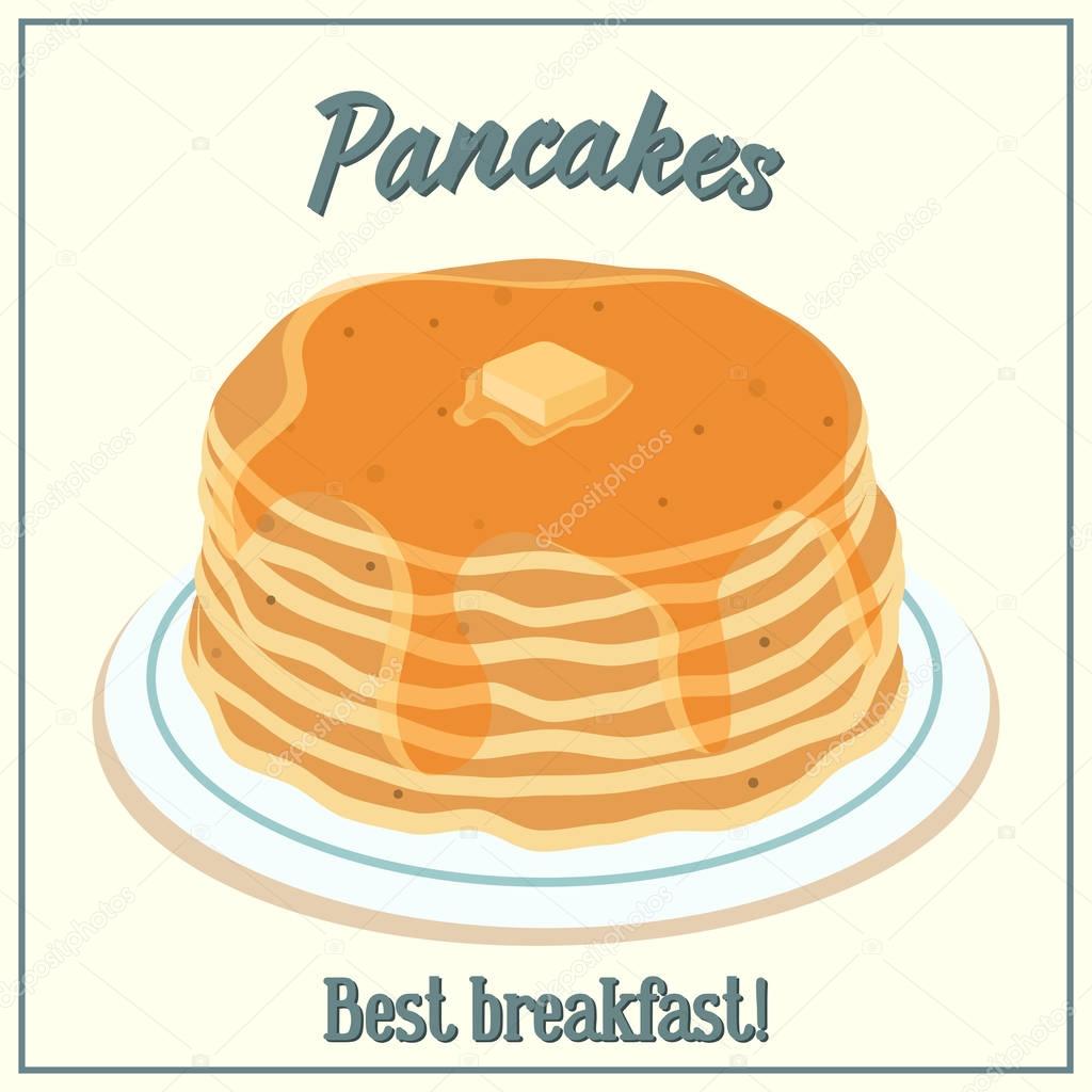 Vector illustration of pancakes. Baking with honey and butter on a plate. Breakfast concept. Flat style.