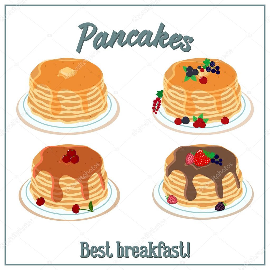 Vector illustration of pancakes. Baking with honey, butter, chocolate, berries on a plate. Breakfast concept. Flat style.