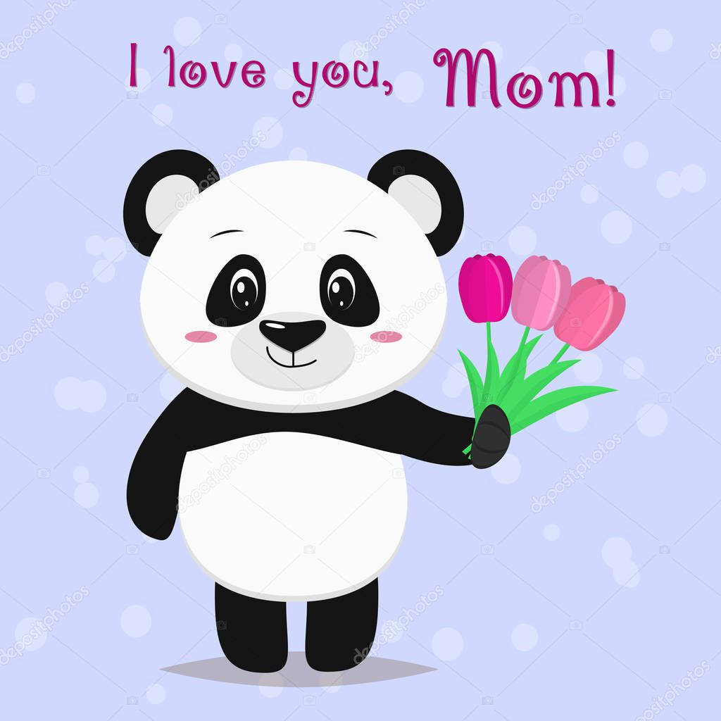 A sweet panda is standing and holding in its paws three pink tulips, congratulates mothers in the style of cartoons.