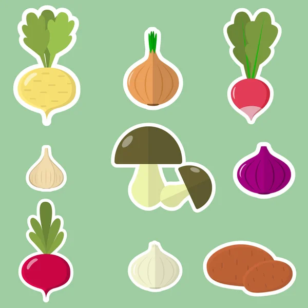 一组新鲜蔬菜在绿色背景下的白色笔触. — 图库矢量图片