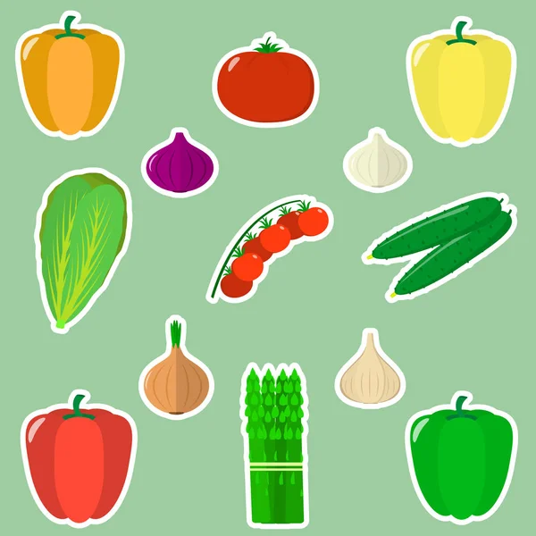 A set of fresh vegetables in a white stroke on a green background. — Stock Vector