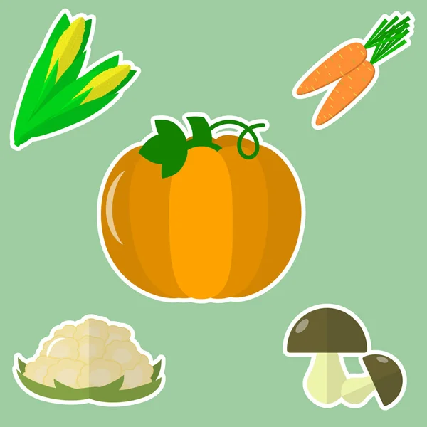A set of fresh vegetables in a white stroke on a green background. — Stock Vector