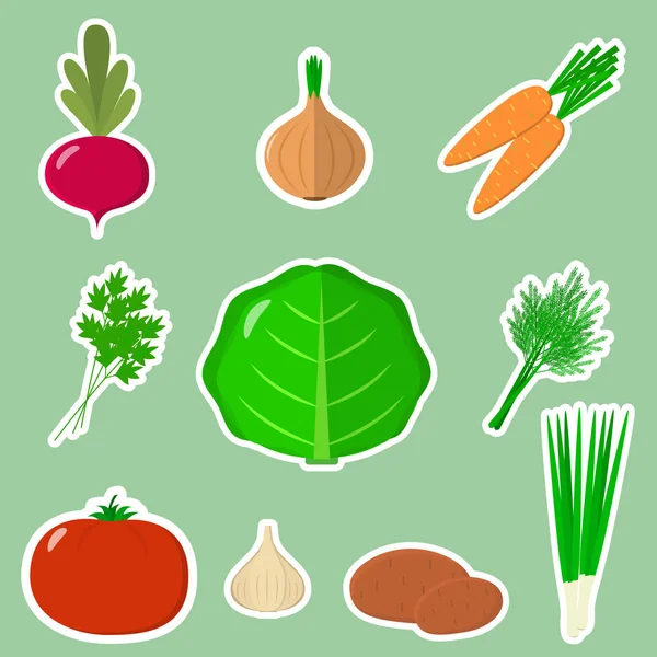 Набор свежих овощей в белом штрихе на зеленом фоне . — стоковый вектор