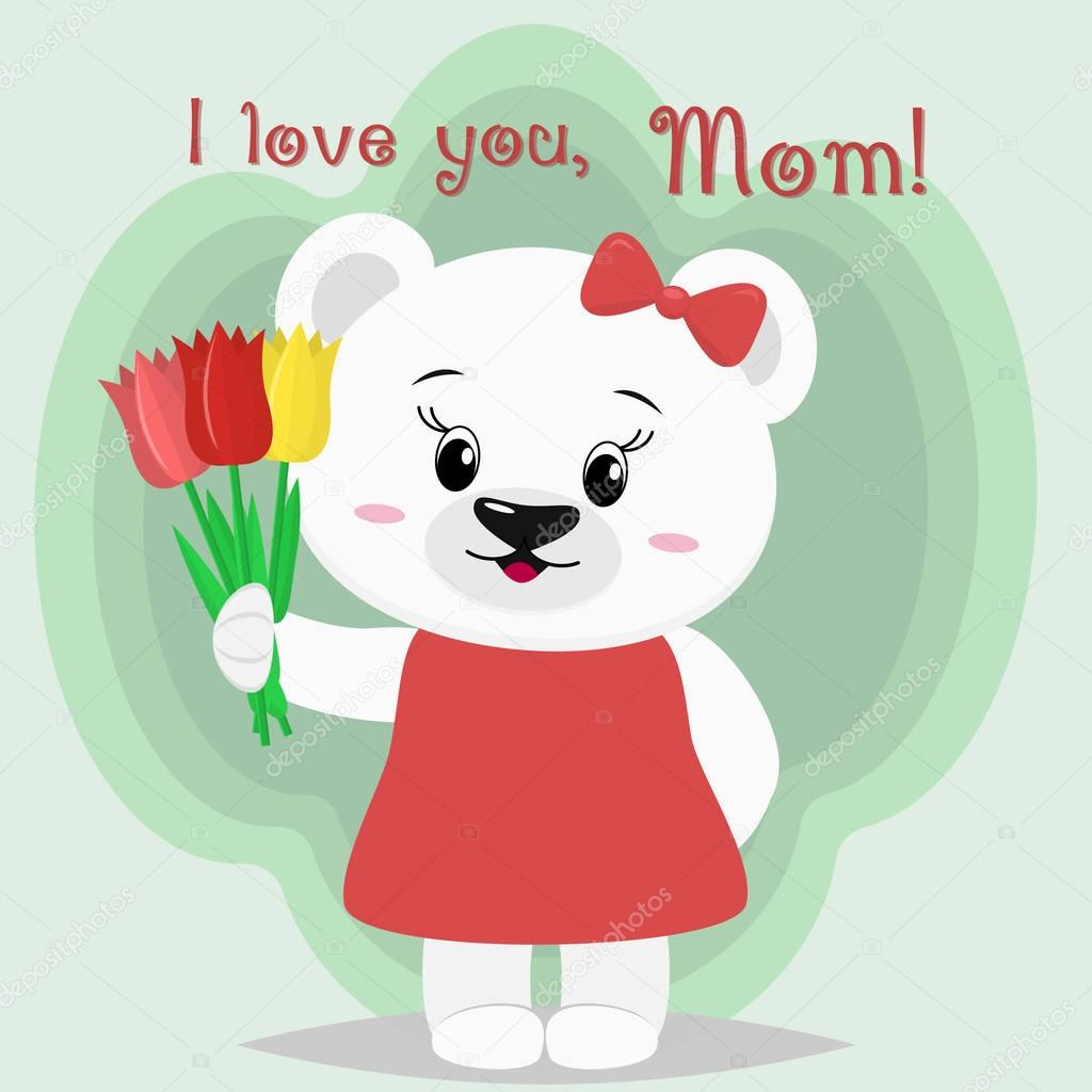 A nice polar bear stands and keeps three tulips in its paws, congratulates mothers in the style of cartoons.
