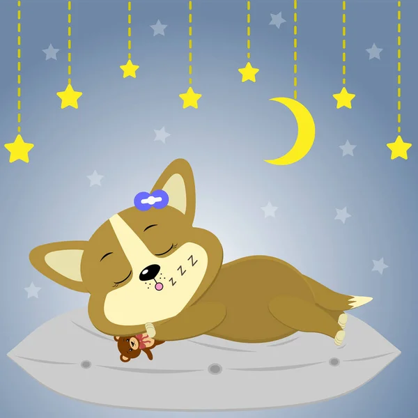 A cute corgi puppy is sleeping on a pillow. The star and the moon shine, against the background of the starry sky. — Stock Vector