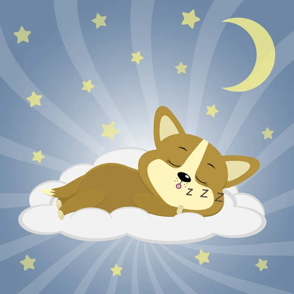 귀여운 Corgi 강아지는 별이 빛나는 밤하늘의 배경에서 구름에 자. — 스톡 벡터